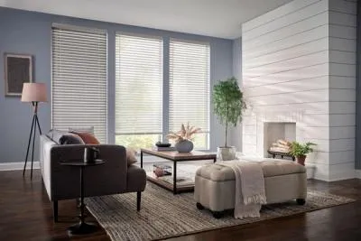 Faux wood blinds in living area