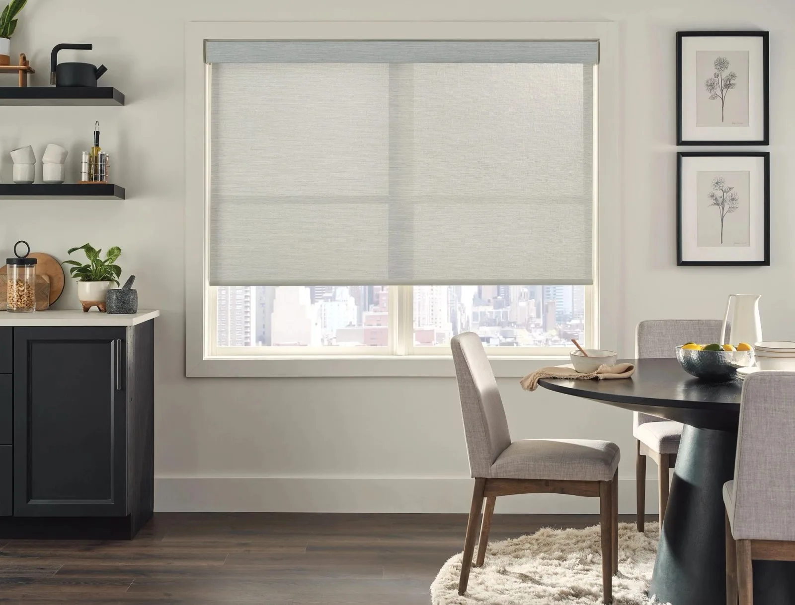 Cordless lift roller shades in kitchen breakfast nook