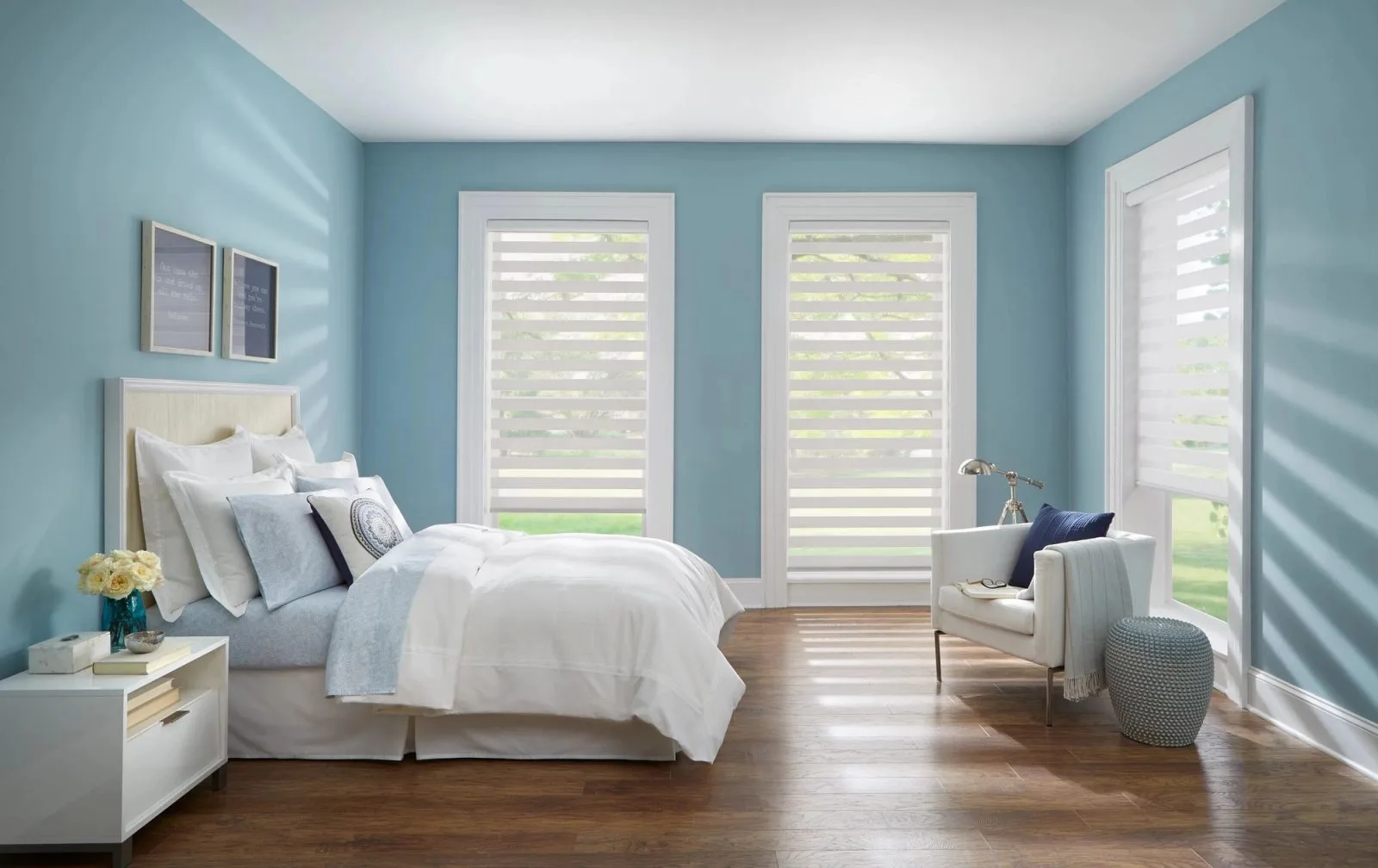 Colorful bedroom with automatic banded shades