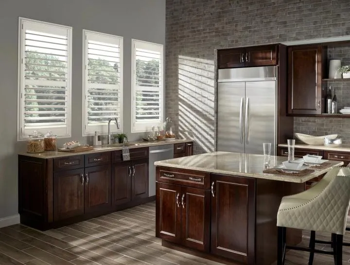 Eclipse Polyresin plantation shutters in kitchen over sink