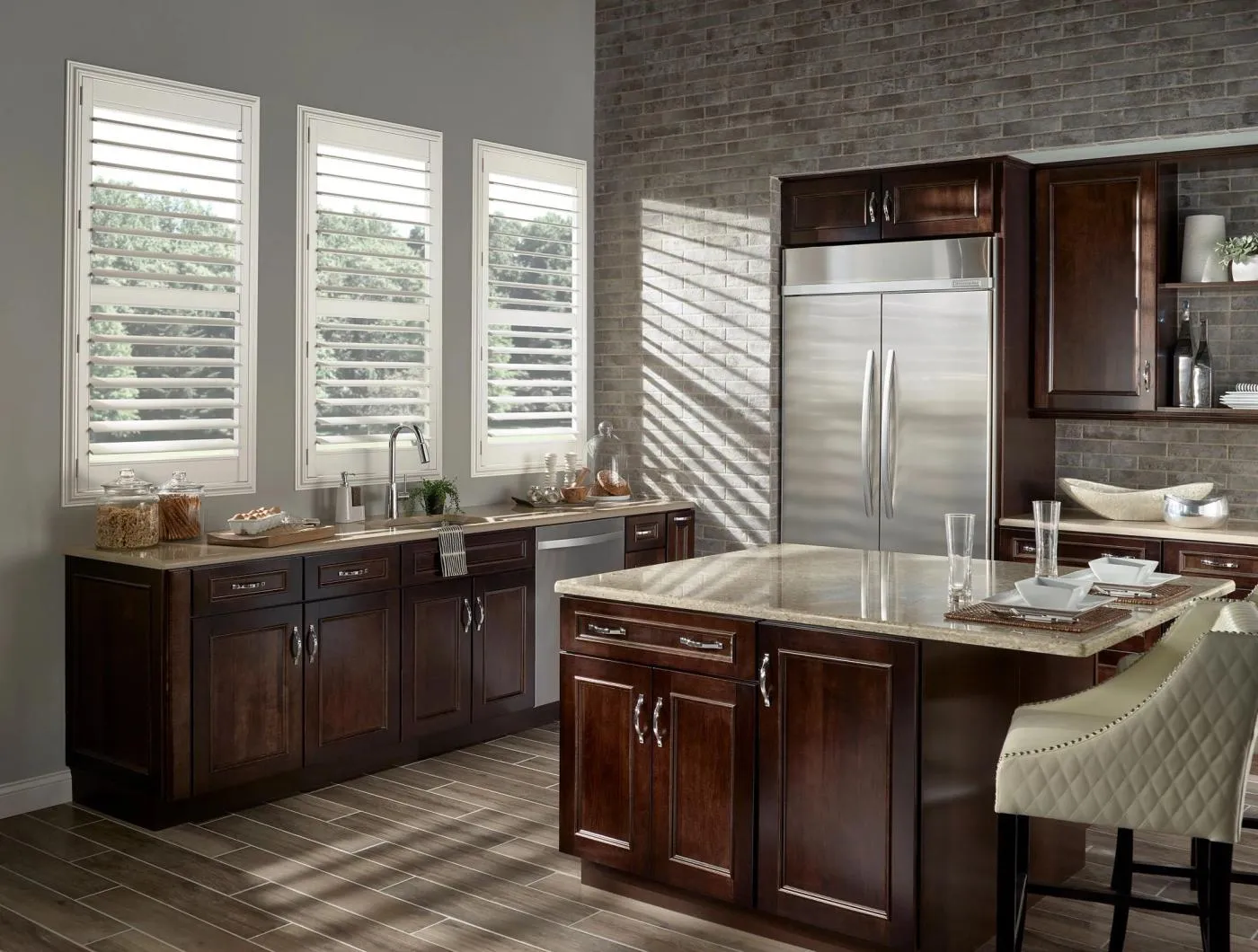 Eclipse Polyresin plantation shutters in kitchen over sink