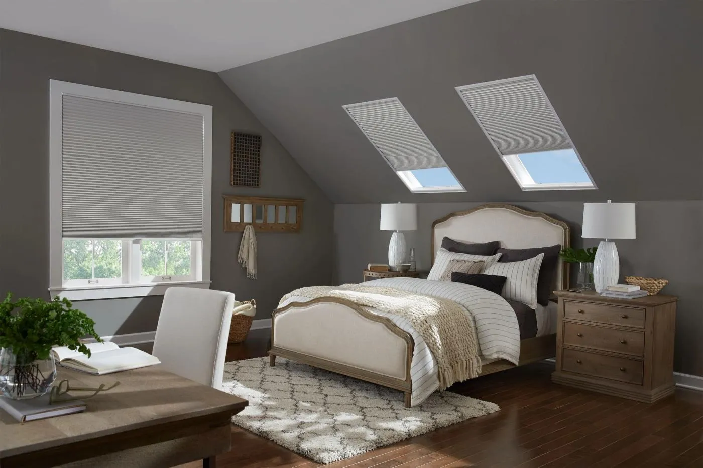 Light Gray Motorized Cellular Shades in Skylights