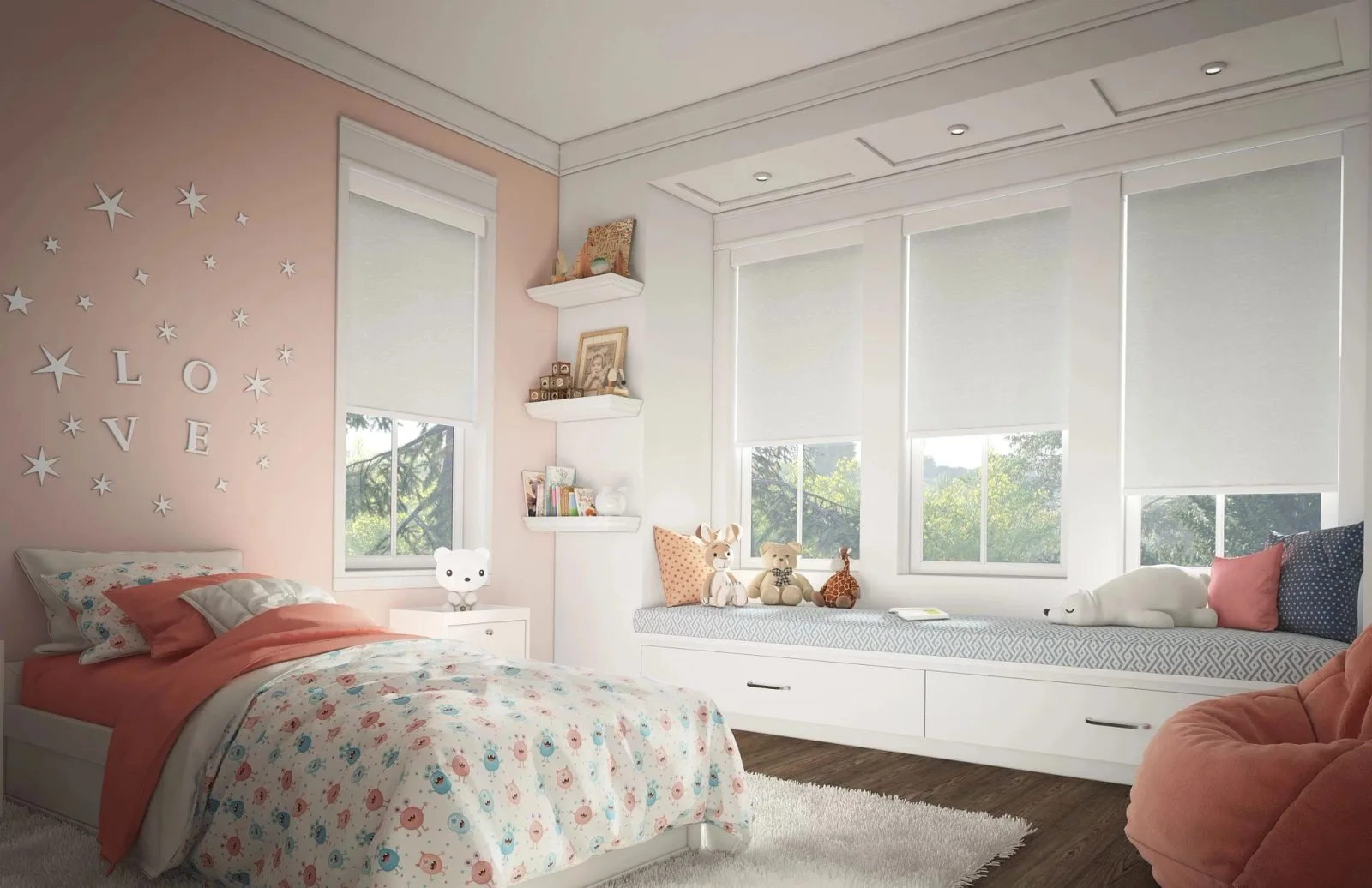 Roller shades with cordless lift in child's bedroom