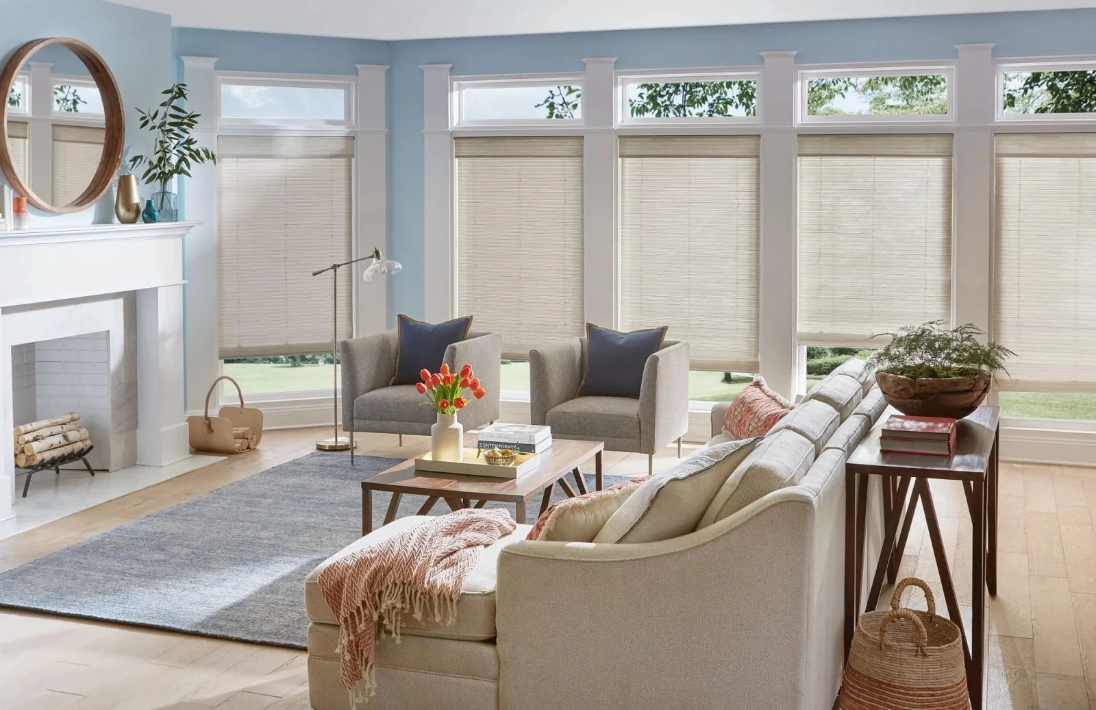 Natural woven shades in living room